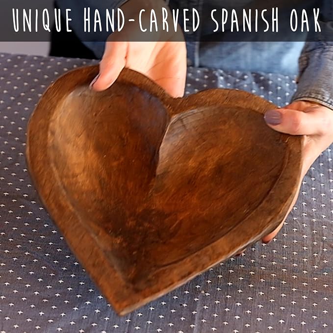 MAINEVENT Decorative Bowl Home Decor Approx 10.5x12 Inch, Spanish Oak Wooden Dough Bowl, Wood Dining Room Table Centerpiece Heart Shaped Made in USA