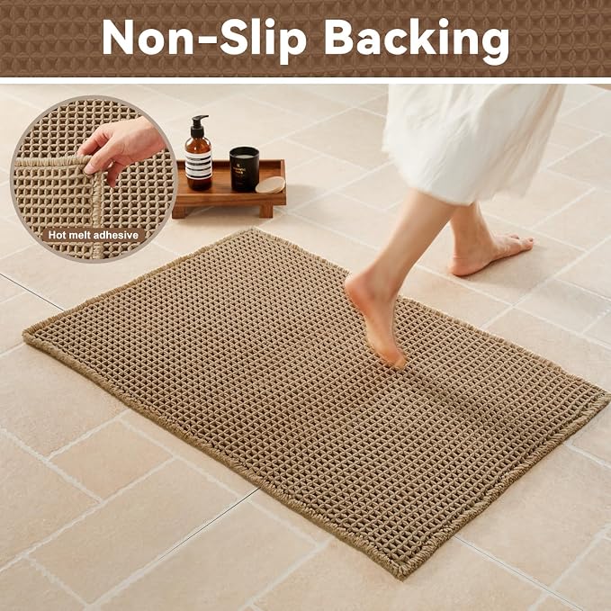 Triohero Waffle Runner Bath Mat - Long Bathroom Rugs Non Slip Washable, Ultra Soft Super Absorbent Quick Dry Boho Farmhouse Bathroom Decor, 24" x 72", Khaki