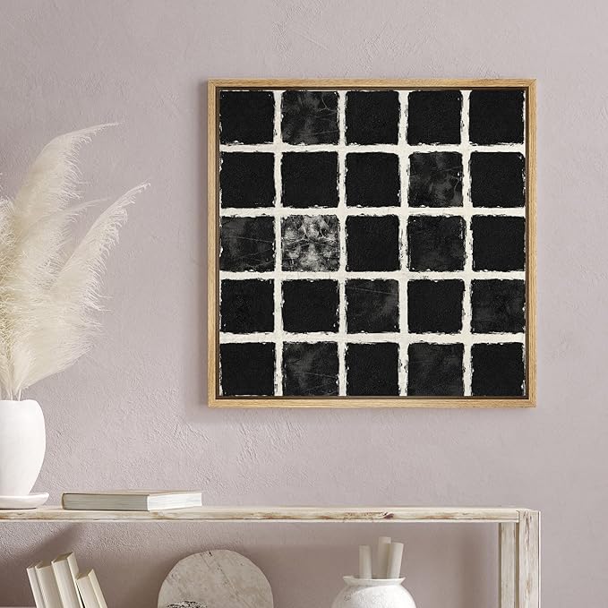 SIGNWIN Framed Canvas Print Wall Art Geometric Black Square Grid Landscape Abstract Shapes Illustration Modern Art Decorative Boho Relax/Zen Nordic for Living Room, Bedroom, Office - 16"x16" Natural