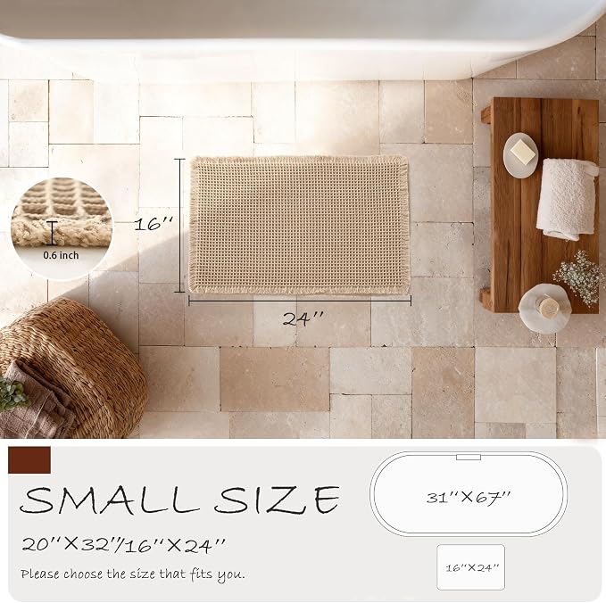 DWCN Brown Waffle Bathroom Mat, Boho Bath Rugs Super Absorbent Non Slip Bath Mats for Bathroom Floor, Ultra Soft Farmhouse Shower Mats for Tub and Shower, 16 x 24 Inch
