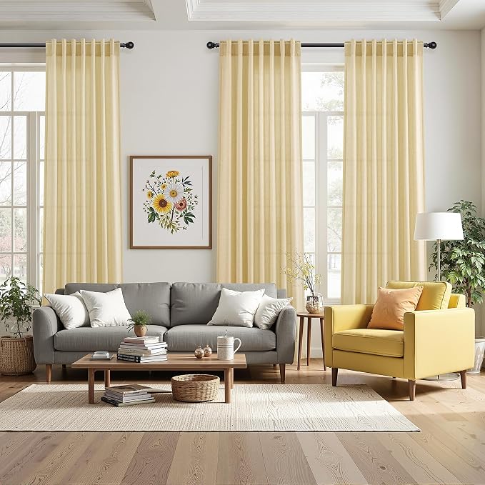 Nanspring Cream Yellow Linen Curtains 84 Inch Length for Living Room Modern Farmhouse Light Filtering Sheer Curtain Back Tab and Rod Pocket Privacy Drapes for Bedroom Office 52x84, 2 Panels