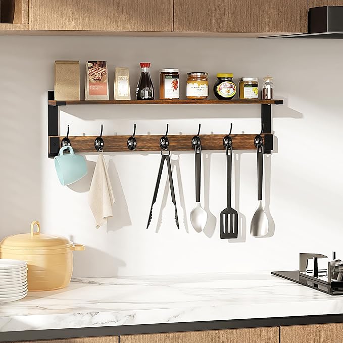 Oraich Wall Hooks with Shelf, 28.7 Inch Coat Rack Wall Mount with Hook for Coat Backpack Key Clothes Hanger, Wall Floating Shelf Hanging in Entryway, Living Room, Bathroom, Bedroom, Kitchen