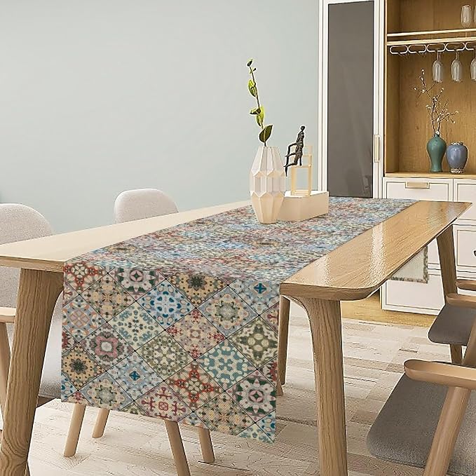 YCness Vintage Floral Boho Table Runner Colorful White Mandala Mexican Flower Dining Table Decor for Kitchen Living Room Party Holiday, 13x36 Inch