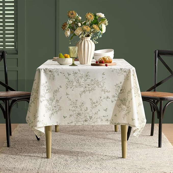 Linen Floral Rectangle Tablecloth Farmhouse Vintage French Rustic Tablecloths Green Flowers Pattern Burlap Textured Outdoor Table Cover for Picnic,Dining,Party,Home Decor 55x120 Inch