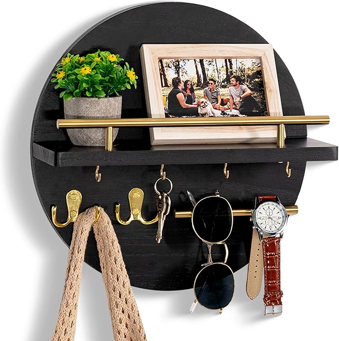 dreampossible Key Holder for Wall Decorative with Shelf and Hooks, Mail Organizer Wall Mount with Sunglasses Holder, Circular Design Entryway Key Rack Hanger, Rustic Home Decor