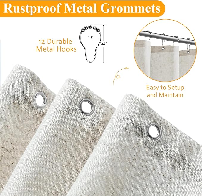 Neutral Linen Extra Long Shower Curtains 82 Inches Long Neutral Country Boho Farmhouse Decor Beige Curtains for Bathroom Natural Cloth Textured Fabric Bath Drapes with Hooks Ivory 72x82