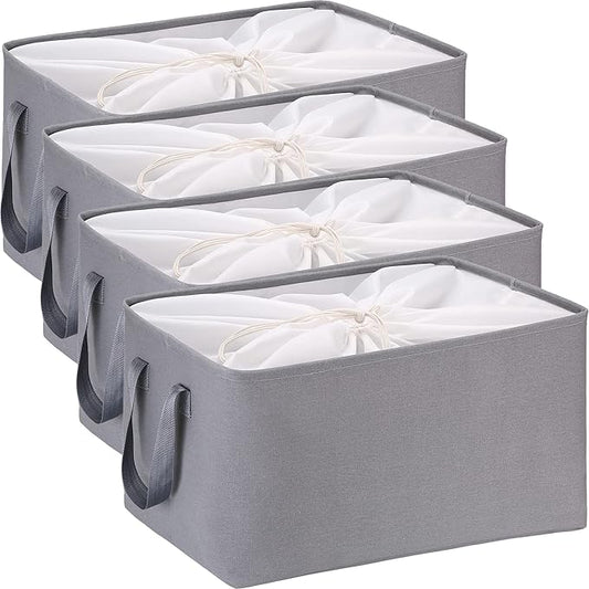 Hinwo 102L XXL Storage Bins, 4-Pack Closet Organizers and Storage, Foldable Clothes Storage Baskets with Handles, Containers for Clothing, Blanket, Comforters, Toys, Bedding (Gray)