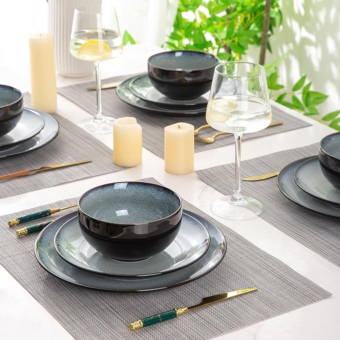 LeRatio Ceramic Dinnerware Sets for 6,Stoneware Plates and Bowls Sets,Handmade Reactive Glaze Dishes Set,Chip Resistant and Scratch Resistant | Oven&Dishwasher & Microwave Safe-Gray White(18PCS)