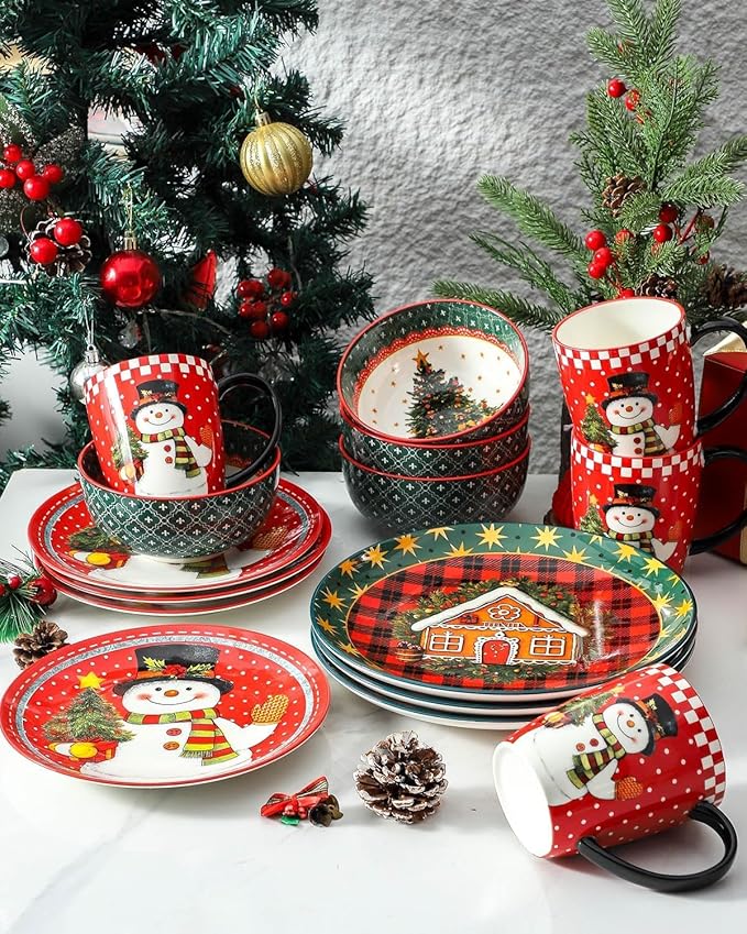 HASENSE 18 Pieces Dinnerware Sets for 6, Christmas Plates and Bowls Set for Valentie's Day, Ceramic Chip Resistant Tableware Dishes Set, Scratch Resistant Microwave and Dishwasher Safe, Multicolor