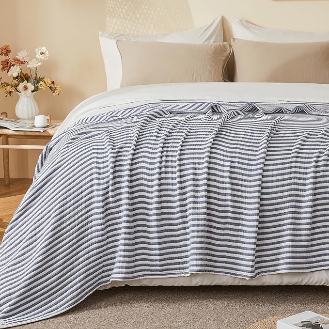 EMME Cotton Muslin Large Throw Blanket Couch Breathable Gauze Soft Lightweight Bed Blankets Adults (Striped Navy, 50"x70")