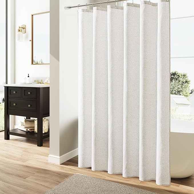 Naturoom Natural Linen Shower Curtain, Country Boho Farmhouse Bath Decor Shower Curtains Neutral Cloth Weighted Textured Fabric Bath Curtain Liner with Hooks, Beige White, 72x72