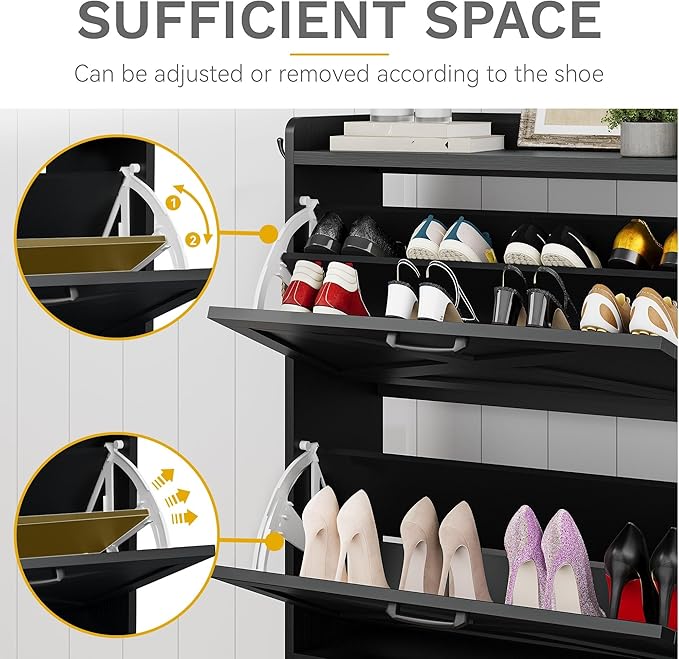 DWVO Farmhouse Shoe Cabinet, Slim Shoe Storage Cabinet with Bench, Narrow Shoe Organizer for Entryway, Living Room, Hallway (Black)
