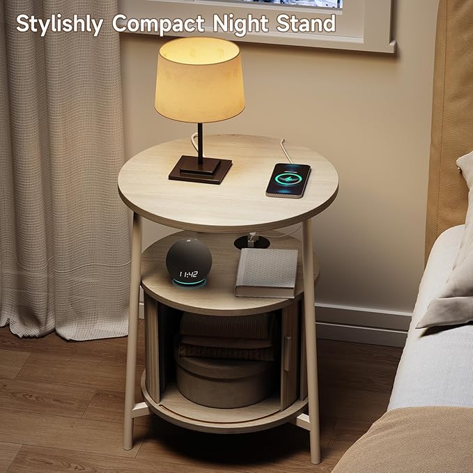 ONBRILL Round Side Table with Storage, Fluted Nightstand with Charging Station, Small Mid-Century Modern Bedside Tables, Walnut End Tables for Small Space Living Room Bedroom Sofa Couch White (2 PCS)