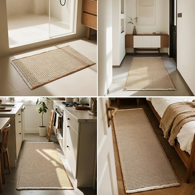 Triohero Waffle Runner Bath Mat - Long Bathroom Rugs Non Slip Washable, Ultra Soft Super Absorbent Quick Dry Boho Farmhouse Bathroom Decor, 24" x 72", Khaki & White