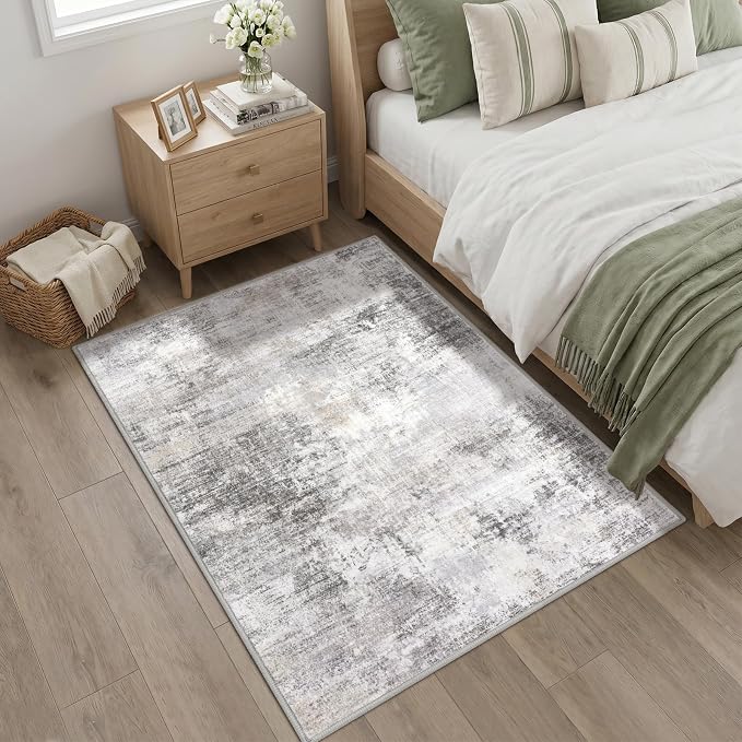 IOHOUZE Abstract Area Rug 4x5 Ft Washable Rugs for Entryway Indoor, Non Slip Small Living Room Rugs Printed Faux Wool Throw Rug, Floor Carpet for Kitchen Nursery Playroom, Grey Beige