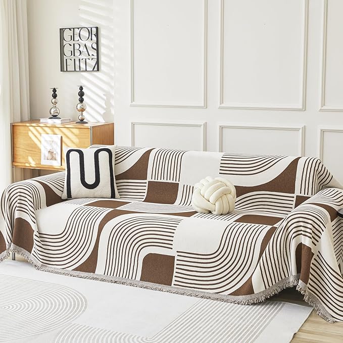 WEYOND Boho Couch Cover Sofa Covers Washable, Chenille Couch Covers for 3 Cushion Couch Sofa Pet Friendly, Bohemian Sofa Slipcovers for Sectional Sofa, Loveseat, 2 3 4 Seater (91" x 150", Coffee)