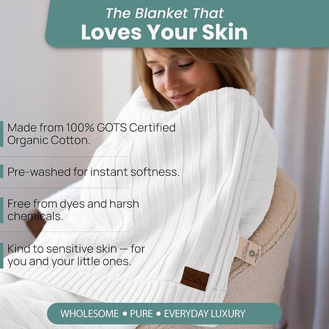 Dalisa 100% Organic Cotton Knit Throw Blanket, White, 50x60 Inches, GOTS-Certified, Crochet Knit, Adult, Eco-Conscious Luxury, Lynx-Inspired Pattern