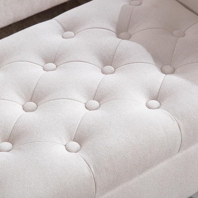 Armed Storage Bench for End of Bed, Modern Bedroom Bench with Wood Legs Upholstered Linen Fabric Entryway Bench with Storage, Button Tufted Window Bench for Living Room, Reception, Beige