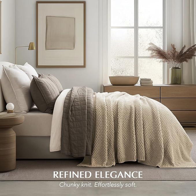 EVERGRACEHOME Chunky Chenille Knit Throw Blanket for Couch, Soft Luxurious Oversized King Moss Stitch Blanket for Bed, Large Cozy Farmhouse Knitted Throw for Sofa, Sand Dune, 92" x 108"