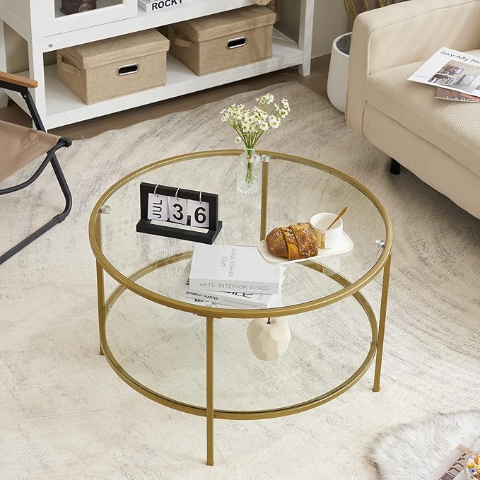 VINGLI Glass Coffee Table, 30" Round Champagne Gold Coffee Tables for Living Room,2-Tier Glass Top Coffee Table with Storage Clear Coffee Table,Simple & Modern Center Table Mesa de Centro para Sala