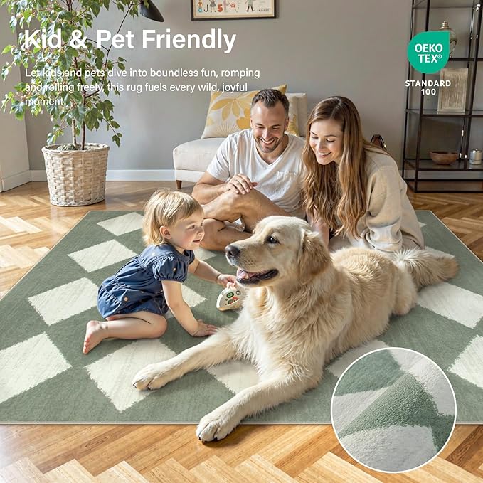 Lahome Zelie Checkered Washable 5x7 Rugs for Living Room Green Rug for Bedroom, Soft Dining Room Rugs for Under Table, Diamond Trellis Throw Carpet for Entryway Dorm Kids Playroom (5'x7',Green)