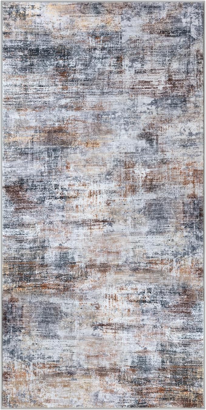IOHOUZE Abstract Runner Rug 3x6 Ft Washable Runners for Hallways, Non Slip Kitchen Runner Printed Faux Wool Entryway Runner Indoor, Modern Abstract Floor Carpet for Hall Kitchen Bedroom, Orange Grey