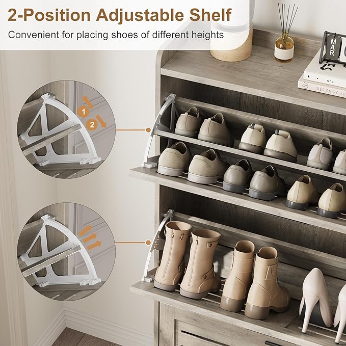 IDEALHOSUE Shoe Cabinet Storage for Entryway, Slim Shoe Storage Cabinet with 3 Flip Drawers, Freestanding Hidden Narrow Shoe Organizer Cabinet with Hooks for Entrance, Foyer, Hallway, Gray