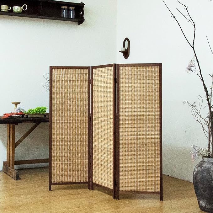 3 Panel Short Room Divider – 3.9 ft Tall Double-Side Folding Privacy Screen, Natural Brown Bamboo Partition Wall for Home Office, Living Room & Corner Spaces