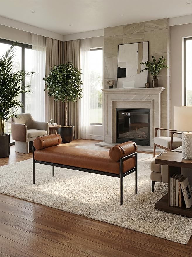 LukeAlon Modern 55" End of Bed Bench Long King Upholstered PU Leather Ottoman Bench with Arms & Detachable Strappy Pillows for Bedroom Entryway Window with Black Metal Legs, Brown