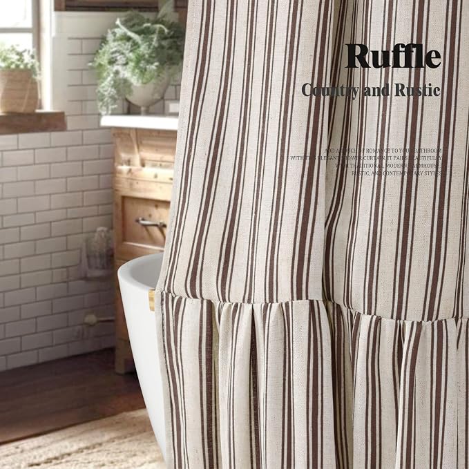 Farmhouse Shower Curtain with Ruffle Hem Linen Shower Curtains for Bathroom Country Vintage Rustic Natural Fabric, Cream-Brown Stripe 48" W x 72" L
