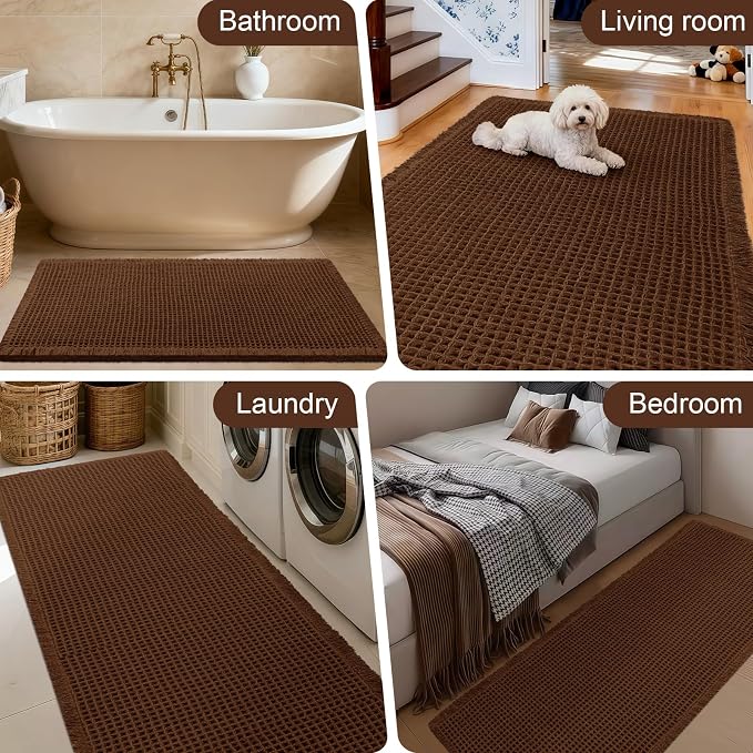 Upgraded Waffle Bath Mat Set 3 Piece Brown, Super Absorbent Non-Slip Quick Dry Bathroom Rugs with Tassels, Machine Washable Ultra Soft Boho Bath Rugs for Floor, Toilet Mats Boho Farmhouse Decor