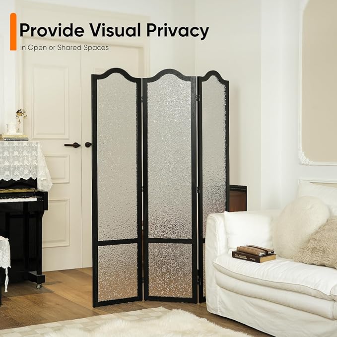 JOSTYLE Acrylic Room Divider, Folding Privacy Screen for Office & Loft, 3-Panel Modern Room Partition, Frosted Glass Like, Black Wood Frame, 67" H x 47.2" W