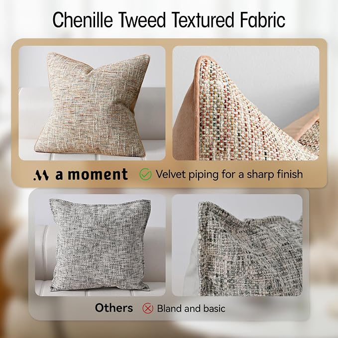 a moment Light Pink Reversible Pillow Covers 2 Pack - Farmhouse Chenille Velvet Throw Pillows, Neutral Textured Decorative Throw Pillow Covers with Border for Couch Sofa Bed (18x18 Inch, No Insert)