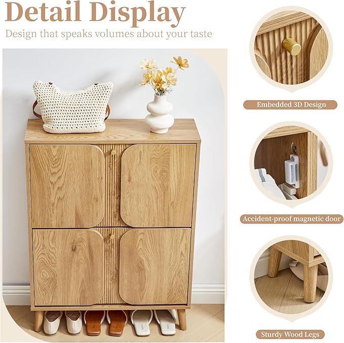 BERRYMERRY Shoe Cabinet with 2 Flip Drawers,Wood Hidden Shoes Storage Cabinet with Fluted Recessed Design, Freestanding Shoe Organizer Cabinet for Entryway, Hallway, Living Room