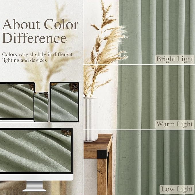 Desert Sage Linen Curtains for Living Room 100 Inches Long Light Filtering Semi Sheer Curtain Back Tab Rustic Farmhouse Decor Elegant Luxury Boho Drapes for Bedroom Dinner Room 52x100, 2 Panels