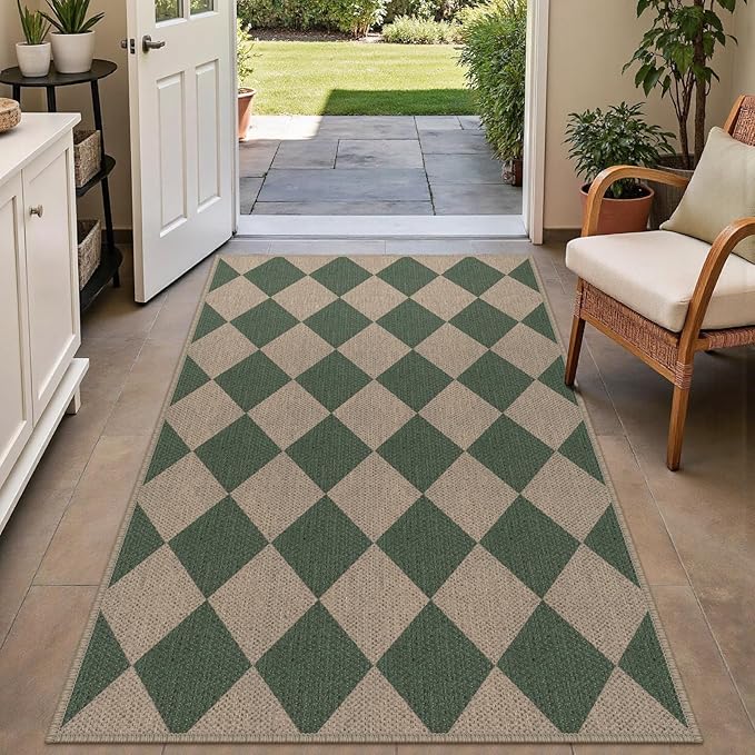 Rugalia Easy Jute Small Outdoor Patio Rug, 3x5 Green Checkered Entryway Rug Washable Modern Diamond Kitchen Rugs, Non-Slip Neutral Farmhouse Throw Carpet for Living Room Porch Backyard