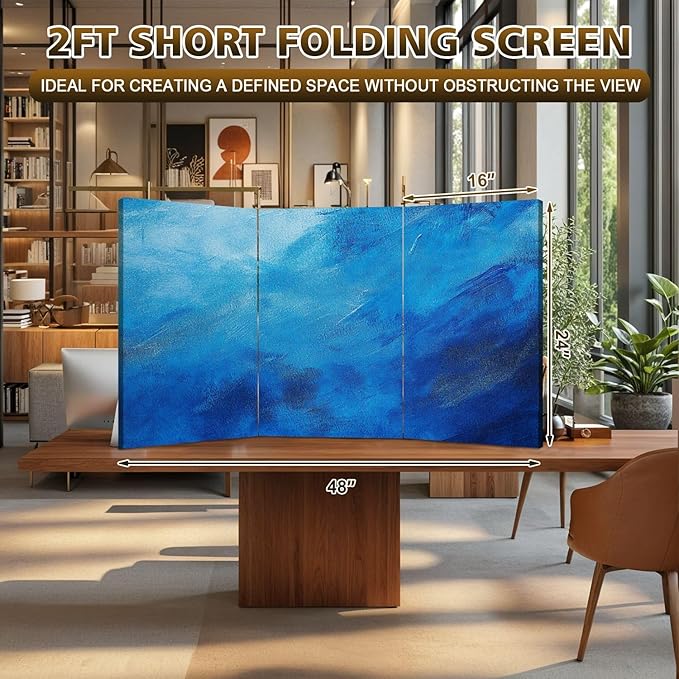 2 Ft Room Divider Screen Textured Blue Portable Short Canvas Folding Screen 3 Panel Freestanding Separator Privacy Partition Indoor Home Office