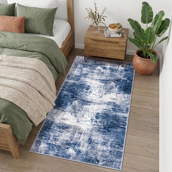 IOHOUZE Abstract Runner Rug 3x6 Ft Washable Runners for Hallways, Non Slip Kitchen Runner Printed Faux Wool Entryway Runner Indoor, Modern Abstract Floor Carpet for Hall Kitchen Bedroom, Navy/Grey