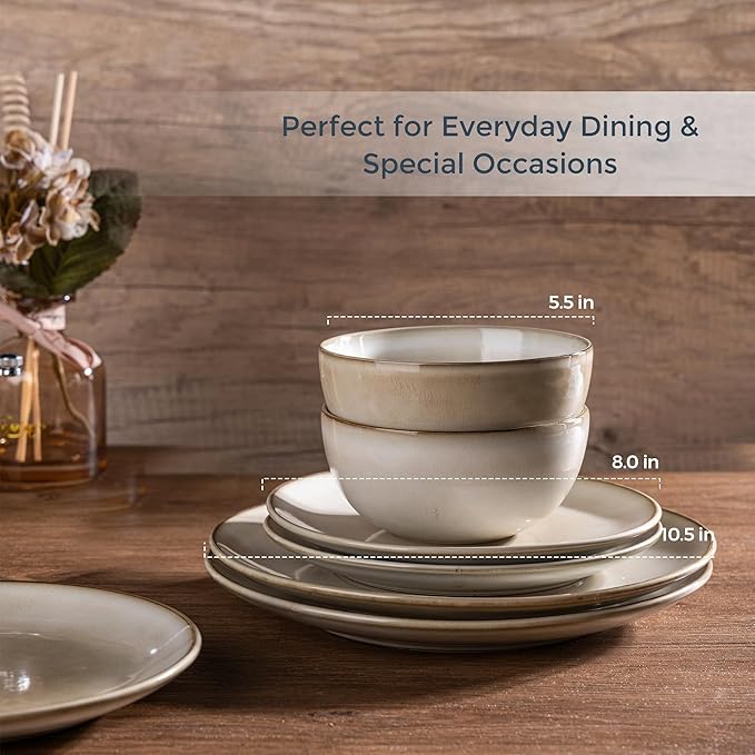 AmorArc Stoneware Dinnerware Sets for 8, 24 Pieces Handpainted Ceramic Plates and Bowls Set, Scratch Resistant Dishes Set, Dishwasher & Microwave Safe, Cappuccino