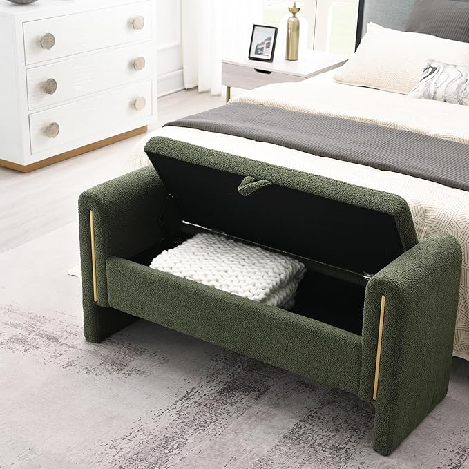 Christopher Knight Home Upholstered Storage Ottoman, Teddy Fabric Bench with Solid Wood Legs, Comfortable Foot Rest Stool, Storage Bench for Bedroom End of Bed, Living Room, Dining Room, Green