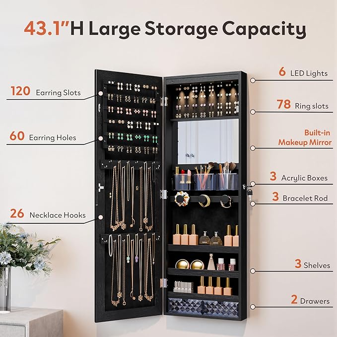 Unisakey Mirror Jewelry Cabinet,Lockable Wall or Door Mounted Jewelry Armoire Organizer With Built-up Mirror,LED Lights, Drawers,Cosmetic Trays,Shelves, 14.4"x3.15"x 43.1"（Black）