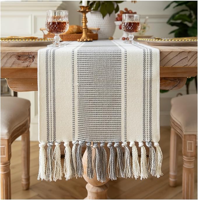 Caflife Boho Table Runner Natural Stripe for Modern Farmhouse Coffee Table Decor, Rustic Woven Runner with Handcrafted Tassels for Home Dining Table décor 13 x 90 Inch Long
