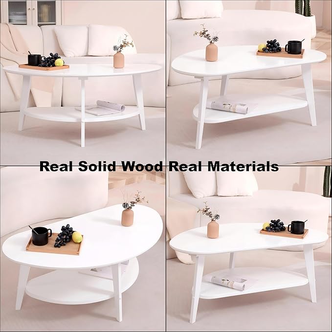 NAVREX Mid Century Modern Coffee Table, Oval Coffee Tables with Storage for Living Room, 2 Tier Solid Wood Center Table, White Coffe Tables, Easy Assembly, 40.2" D x 22" W x 17.7" H