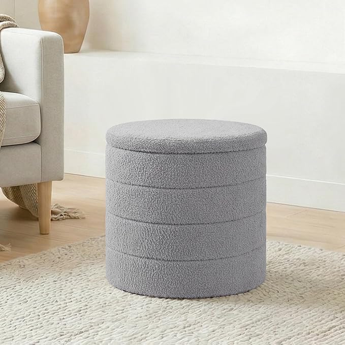 17" Round Storage Ottoman,Boucle Sherpa Ottoman with Tray, Faux Teddy Foot Rest Coffee Table for Bedroom Dorm Living Room,Grey