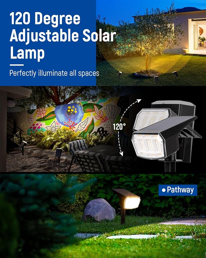AUDERWIN Solar spotlights Outdoor 63 LED 3 Lighting Modes, IP65 Waterproof Lighten Yard Garden House Garage Pathway for Christmas Decorations-2 Pack