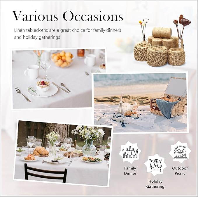 Linen World Hemstitch Linen Tablecloth,French Linen White Tablecloth 108" x 60" Inch,Washable Rectangular Table Cloth for Dining,Outdoor,Weddings and Restaurants,Decorative Thanksgiving Christmas