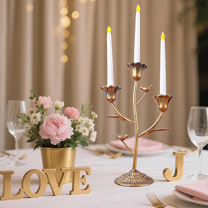 Candle Holder Vintage Candlestick Holder Stand for Stick Taper Candle, 3-Arm Cast Iron Candelabra for Wedding Centerpiece Table Decorations Fireplace Mantel Decor, Antique Gold
