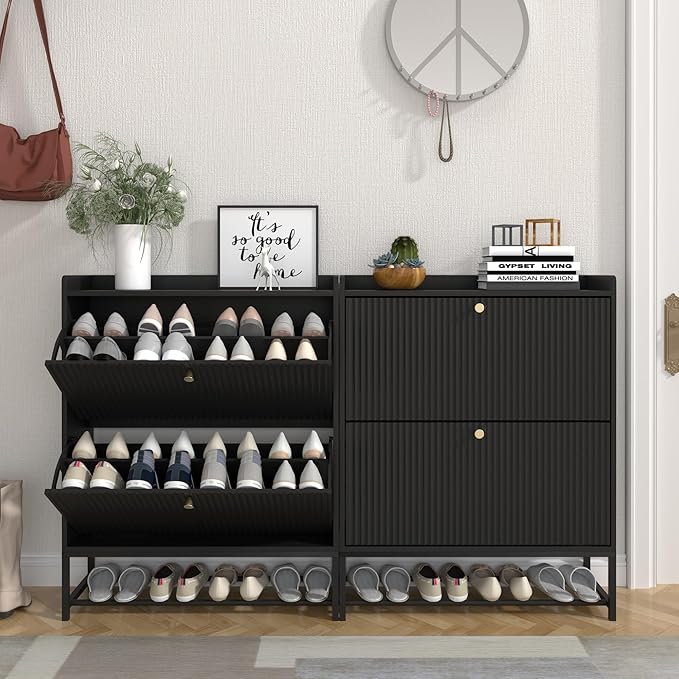 RARZOE Set of 2 Fluted Shoe Cabinets for Entryway with 2 Flip Drawers, Narrow Wood Shoe Cabinet with Fluted Panel, Freestanding Hidden Shoe Rack with Metal Legs for Foyer,Hallway(31.5''Black)