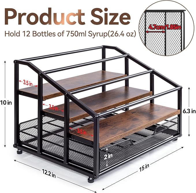 kimilus Coffee Syrup Rack Organizer, 4-Tier 12 Bottle Syrup Rack with 35 K Cup Drawer for Coffee Bar, Countertop Bottle Holder Stand for Dressing for Kitchen Cafe Station