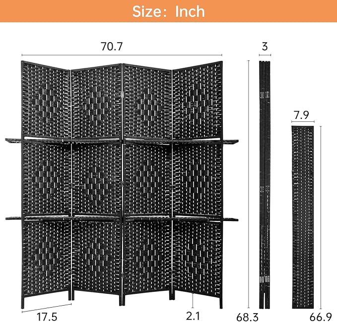 Room Divider 4 Panel Room Screen Divider Wooden Screen Folding Portable Partition Screens Wood with Removable Storage Shelves Color, Black